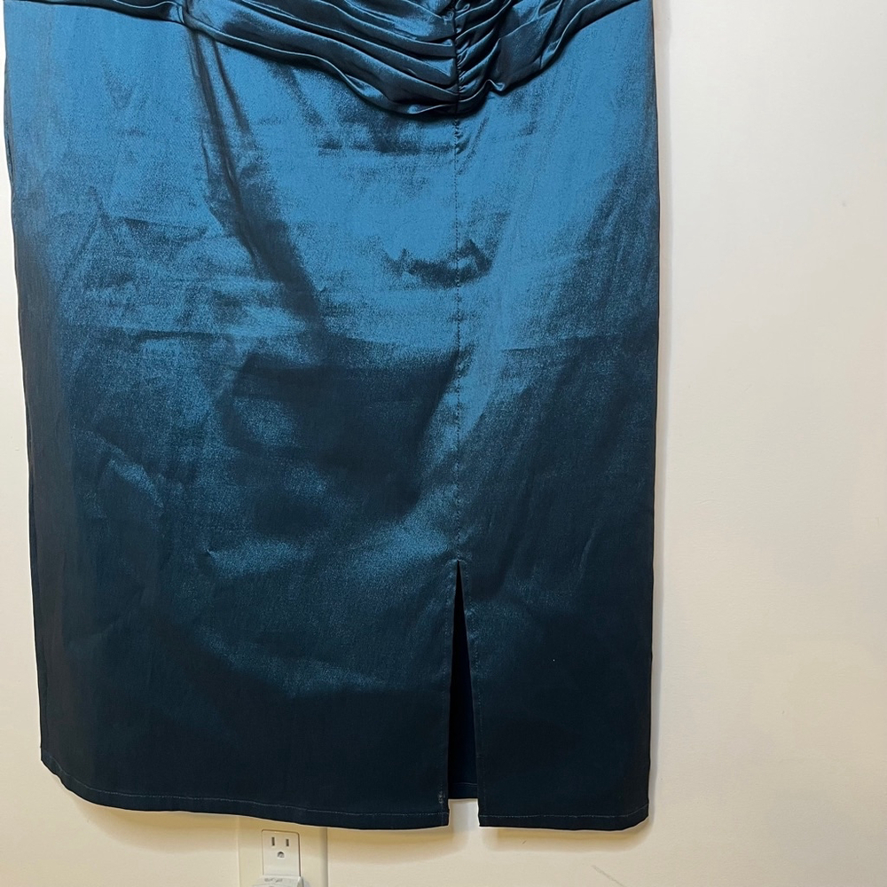 Tadashi Shoji Ruched Sheath Dress Teal Blue Sheen Asymmetrical Cap Sleeve 14 - Picture 13 of 17